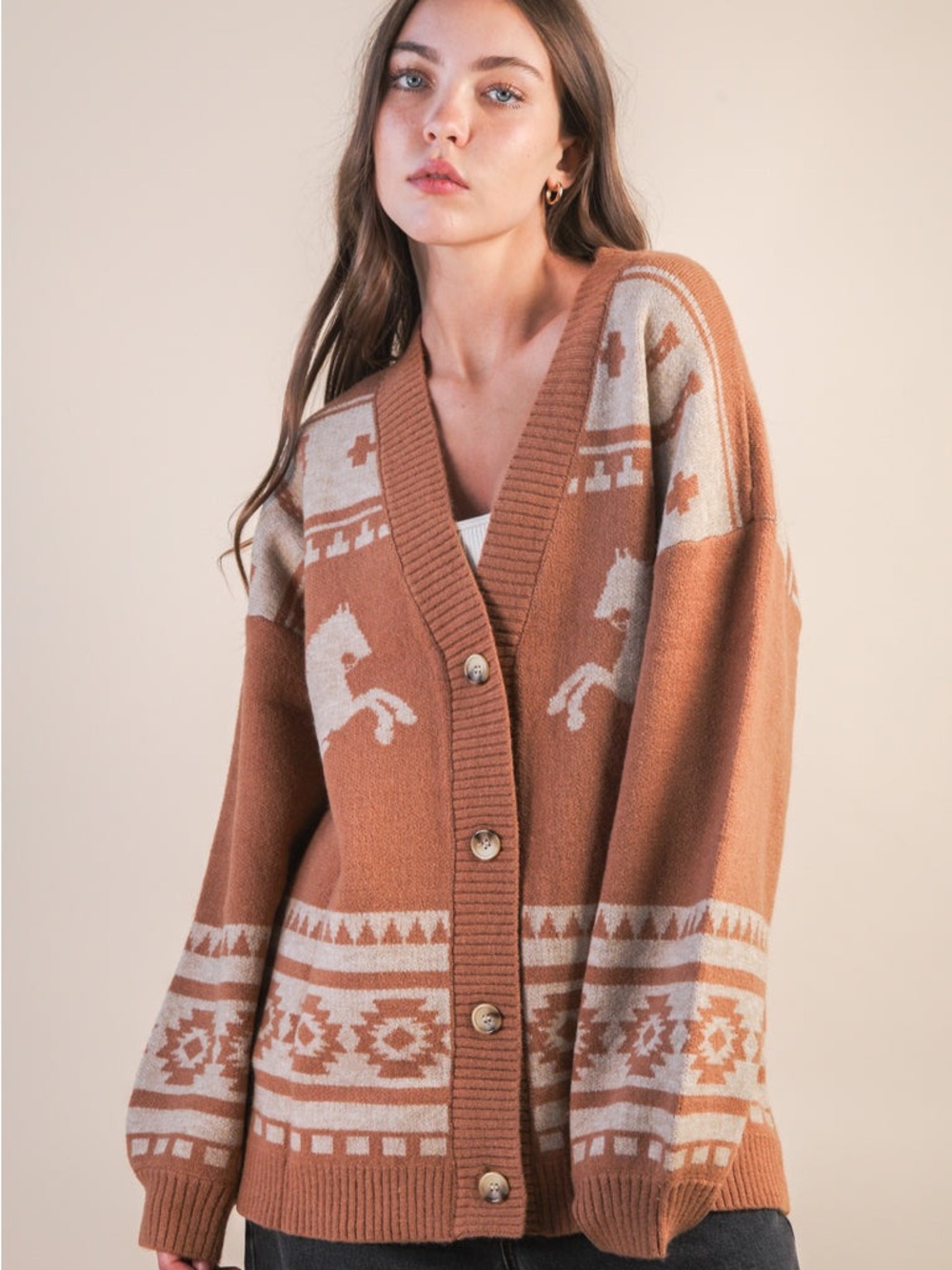 Very J Horse-Pattern Button Cardigan - brown & Cream